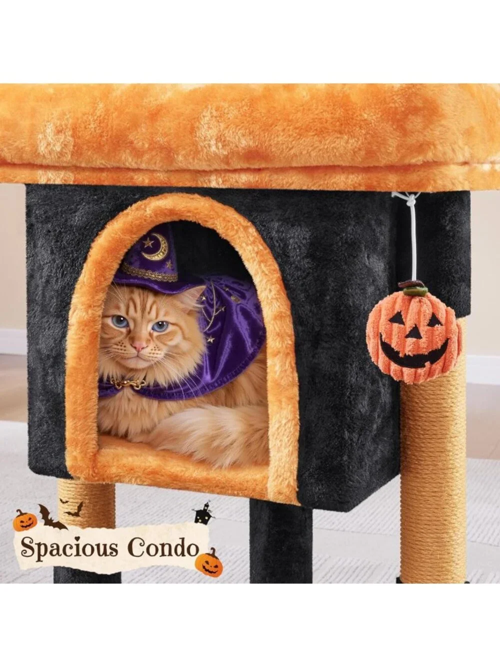 Halloween Cat Tree for Cats - Black & Pumpkin Orange Small Cat Tower, Fun & Cozy